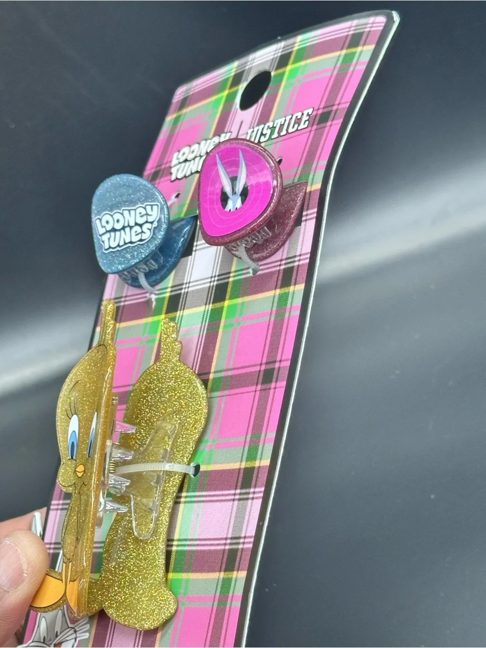 Justice Looney Tunes Plaid Hair Clip Set in Pink, Gold, Purple